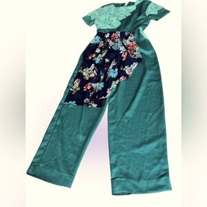 Haute couture Elegant Lace Silk  floral patchwork jumpsuit Sz M